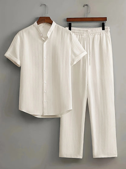 Stylish Men's Summer White Suit: Outdoor Travel Set with Short-Sleeved Shirt and Drawstring Pants