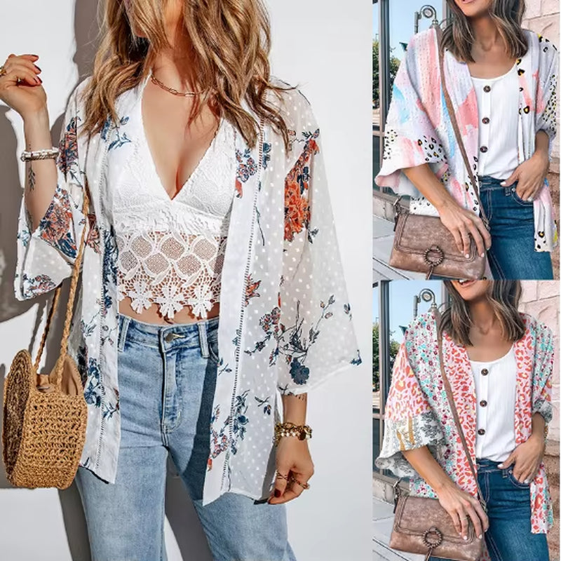 New European and American Women'S Chiffon Printed Sunscreen Clothes with No Buckle Top