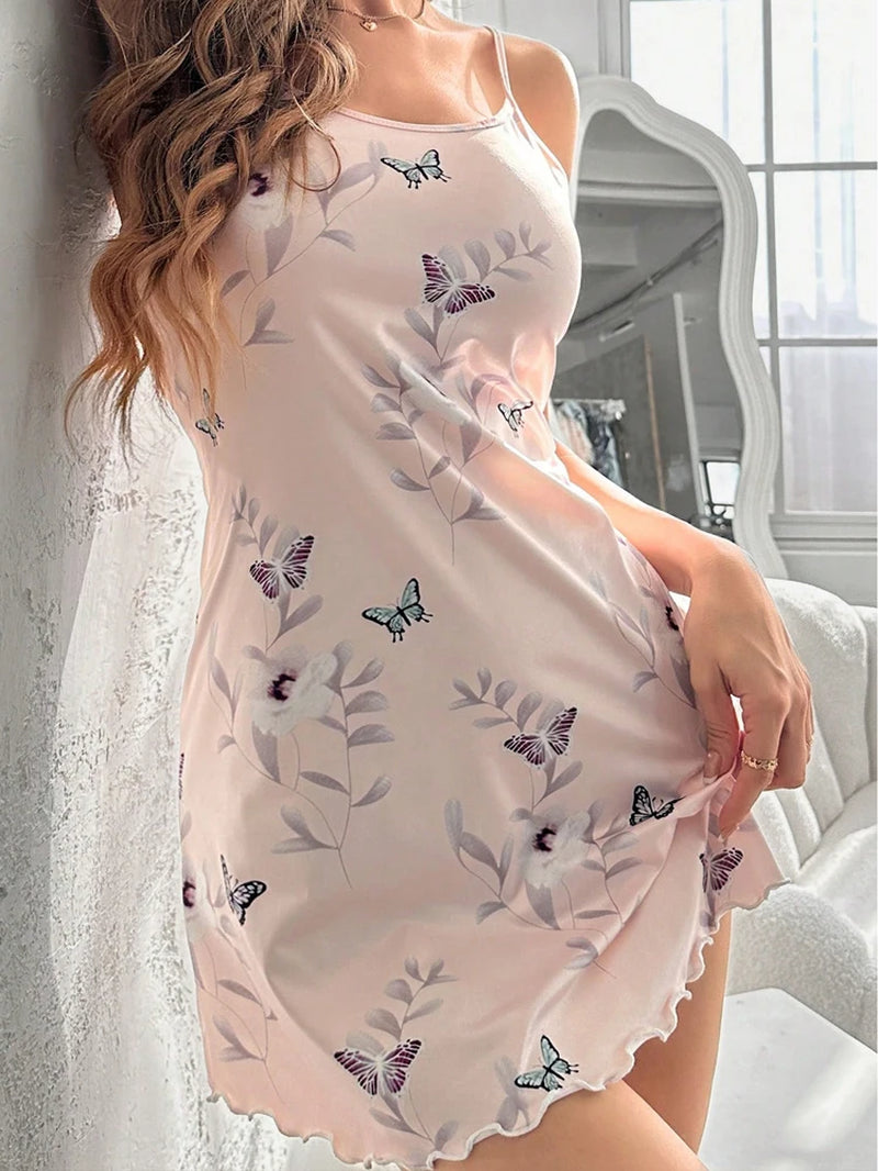 Charming Summer Satin Sleepdress for Women - Adorable Teddy Bear and Butterfly Floral Print, Sexy Sling Design with Ruffled Hem