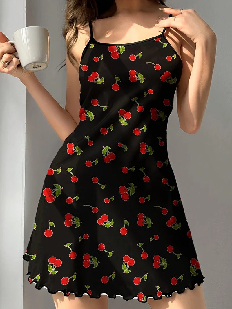 Charming Summer Satin Sleepdress for Women - Adorable Teddy Bear and Butterfly Floral Print, Sexy Sling Design with Ruffled Hem