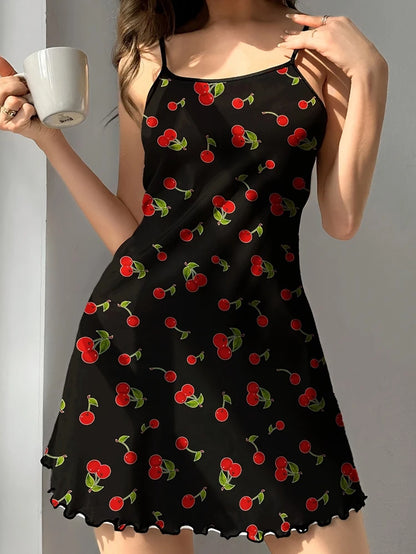 Charming Summer Satin Sleepdress for Women - Adorable Teddy Bear and Butterfly Floral Print, Sexy Sling Design with Ruffled Hem