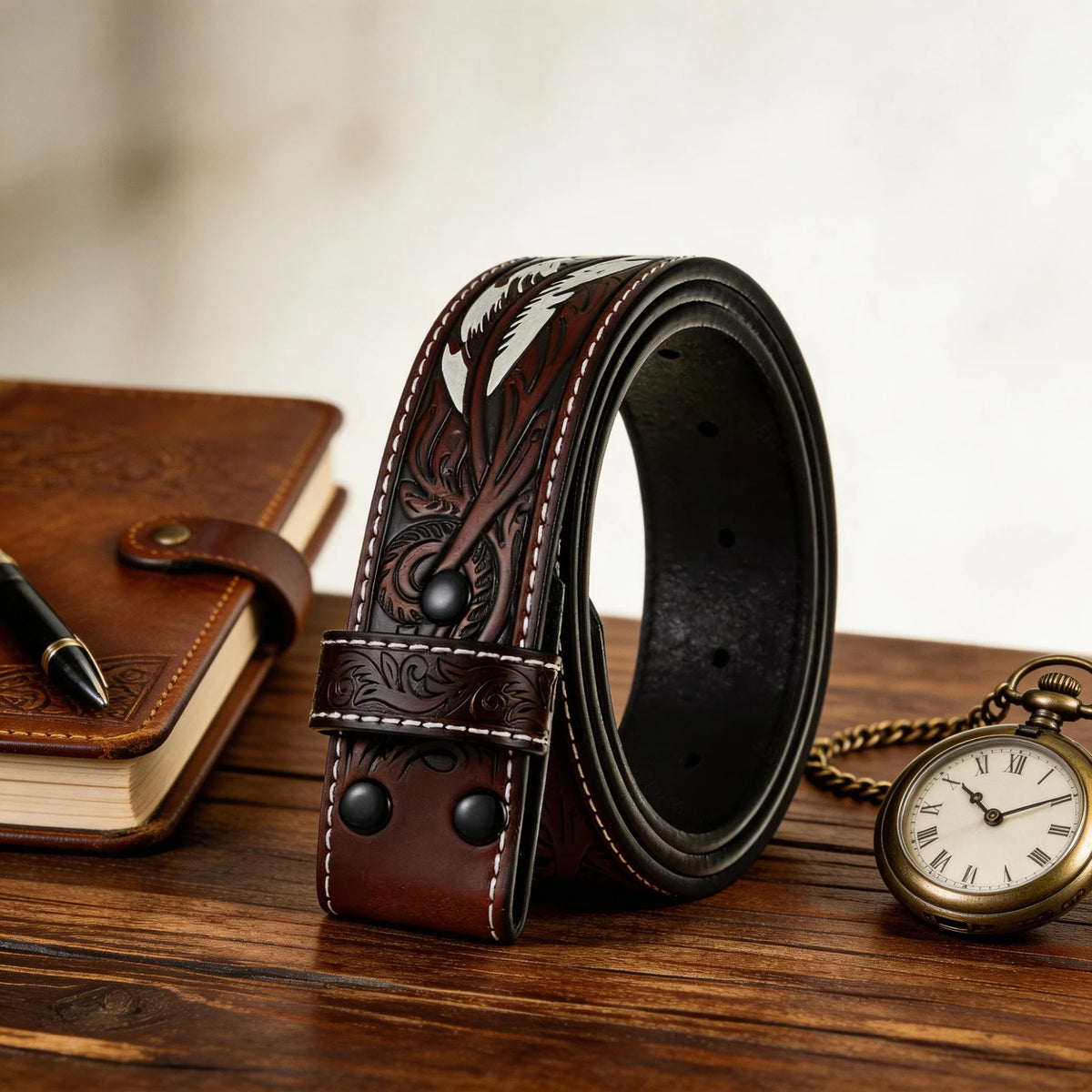 Stylish Handmade Leather Dress Belt - Retro Embossed Feather Design in Brown, Adjustable Fit for Business & Casual Wear