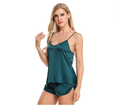 Indulge in Comfort: Women’s Sexy Silk-like Satin Pajamas Set for Summer Sleepwear - Soft and Stylish 2 Piece Nightwear