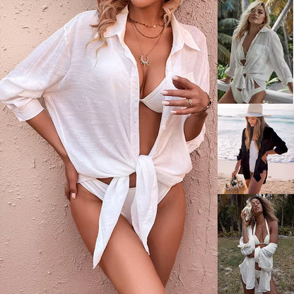 Stylish Women's Long Sleeve Button-Up Beach Cover-Up Shirt - Perfect for Summer Adventures!