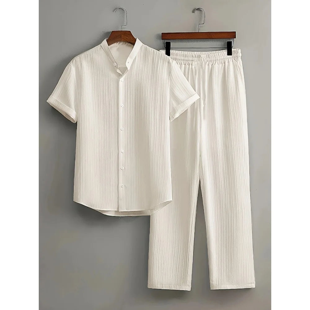 Stylish Men's Summer White Suit: Outdoor Travel Set with Short-Sleeved Shirt and Drawstring Pants