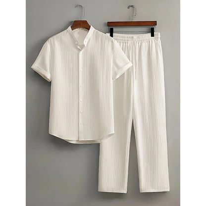Stylish Men's Summer White Suit: Outdoor Travel Set with Short-Sleeved Shirt and Drawstring Pants