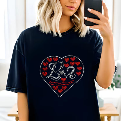 Sparkle with Love: Custom Heart Rhinestone Heat Transfer Design for T-Shirts