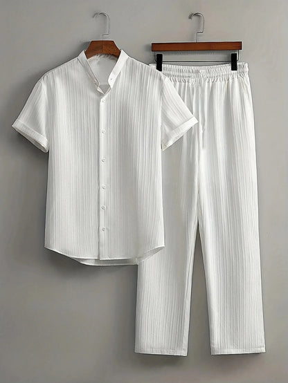 Stylish Men's Summer White Suit: Outdoor Travel Set with Short-Sleeved Shirt and Drawstring Pants