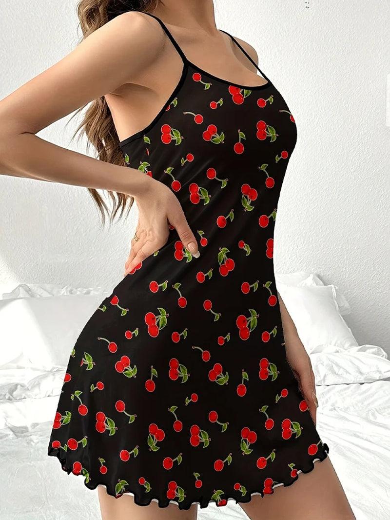 Charming Summer Satin Sleepdress for Women - Adorable Teddy Bear and Butterfly Floral Print, Sexy Sling Design with Ruffled Hem
