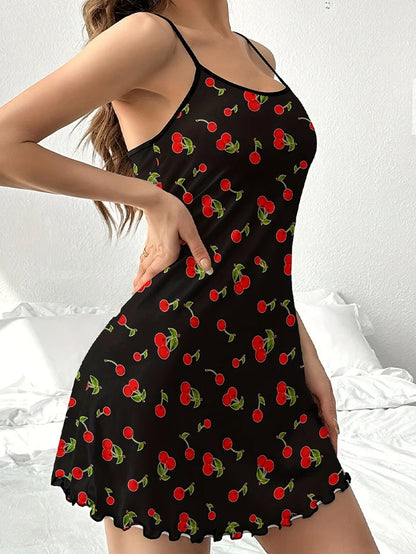Charming Summer Satin Sleepdress for Women - Adorable Teddy Bear and Butterfly Floral Print, Sexy Sling Design with Ruffled Hem