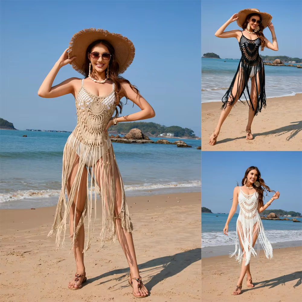 Elevate Your Beach Style with Our Hand-Crocheted Solid Color Knitted Cover-Up for Women - Perfect for Spring/Summer!