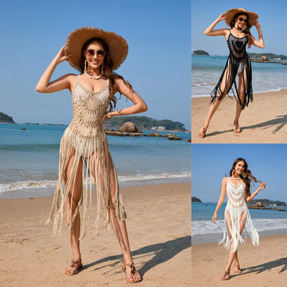 Elevate Your Beach Style with Our Hand-Crocheted Solid Color Knitted Cover-Up for Women - Perfect for Spring/Summer!