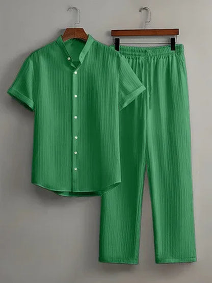 Stylish Men's Summer White Suit: Outdoor Travel Set with Short-Sleeved Shirt and Drawstring Pants
