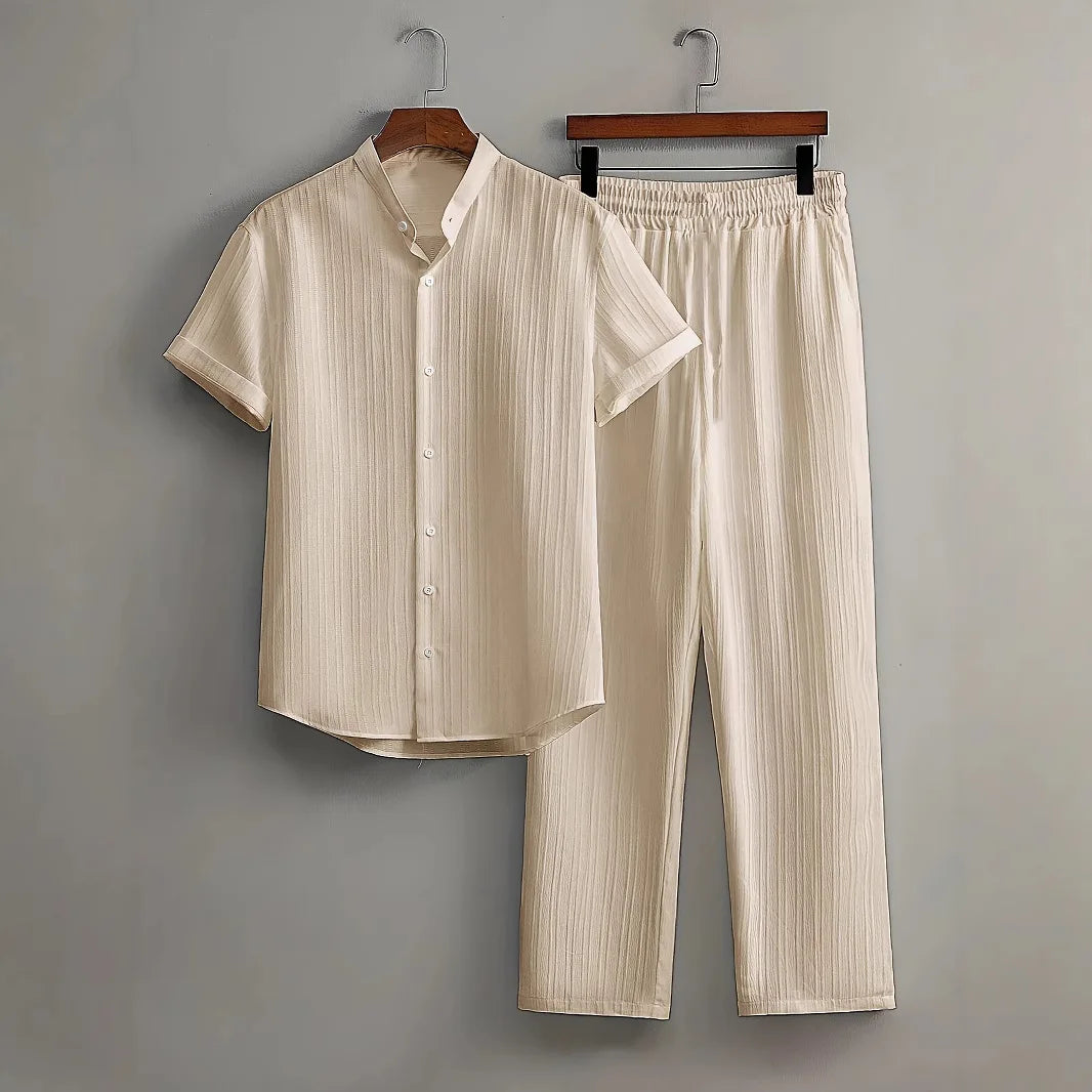 Stylish Men's Summer White Suit: Outdoor Travel Set with Short-Sleeved Shirt and Drawstring Pants