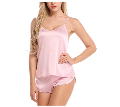 Indulge in Comfort: Women’s Sexy Silk-like Satin Pajamas Set for Summer Sleepwear - Soft and Stylish 2 Piece Nightwear