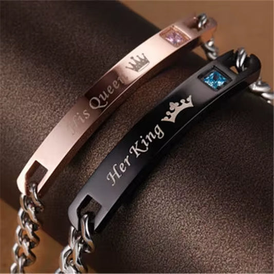 Customizable Huilin Stainless Steel His Queen Her King Couple Bracelets Set - Perfect for Any Occasion