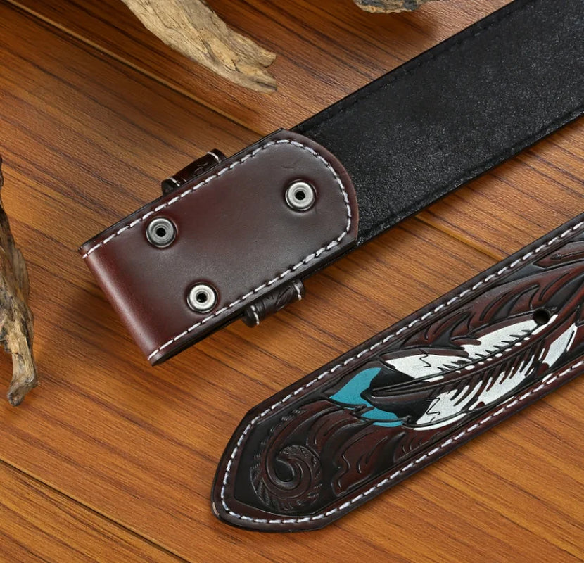 Stylish Handmade Leather Dress Belt - Retro Embossed Feather Design in Brown, Adjustable Fit for Business & Casual Wear