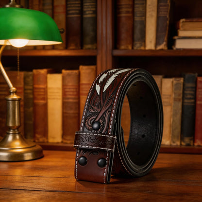 Stylish Handmade Leather Dress Belt - Retro Embossed Feather Design in Brown, Adjustable Fit for Business & Casual Wear